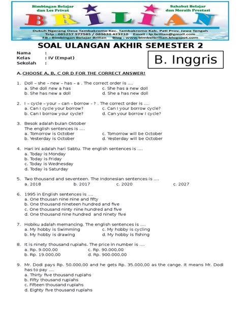 Soal Uts Bahasa Inggris Kelas 4 Semester 1 Dan Kunci Jawaban - Galeri Soal Uts Bahasa Inggris Kelas 4 Semester 1 Dan Kunci Jawaban - Galeri