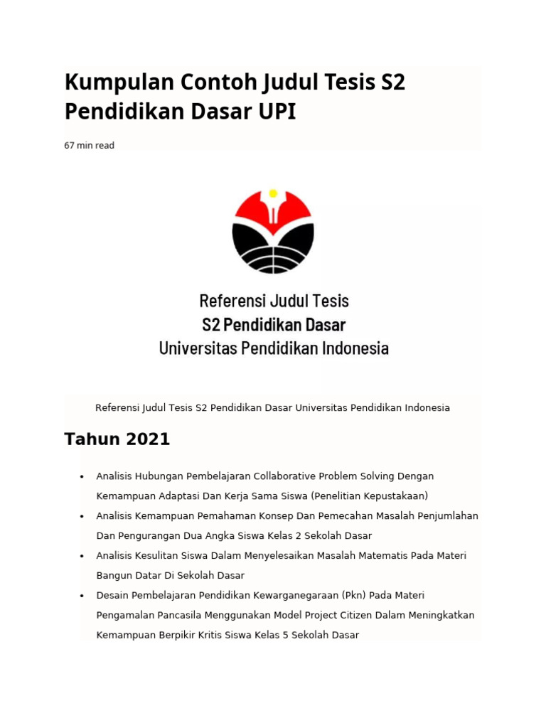 Contoh Judul Tesis S2 Pendidikan Dasar PDF Contoh Judul Tesis S2 Pendidikan Dasar PDF