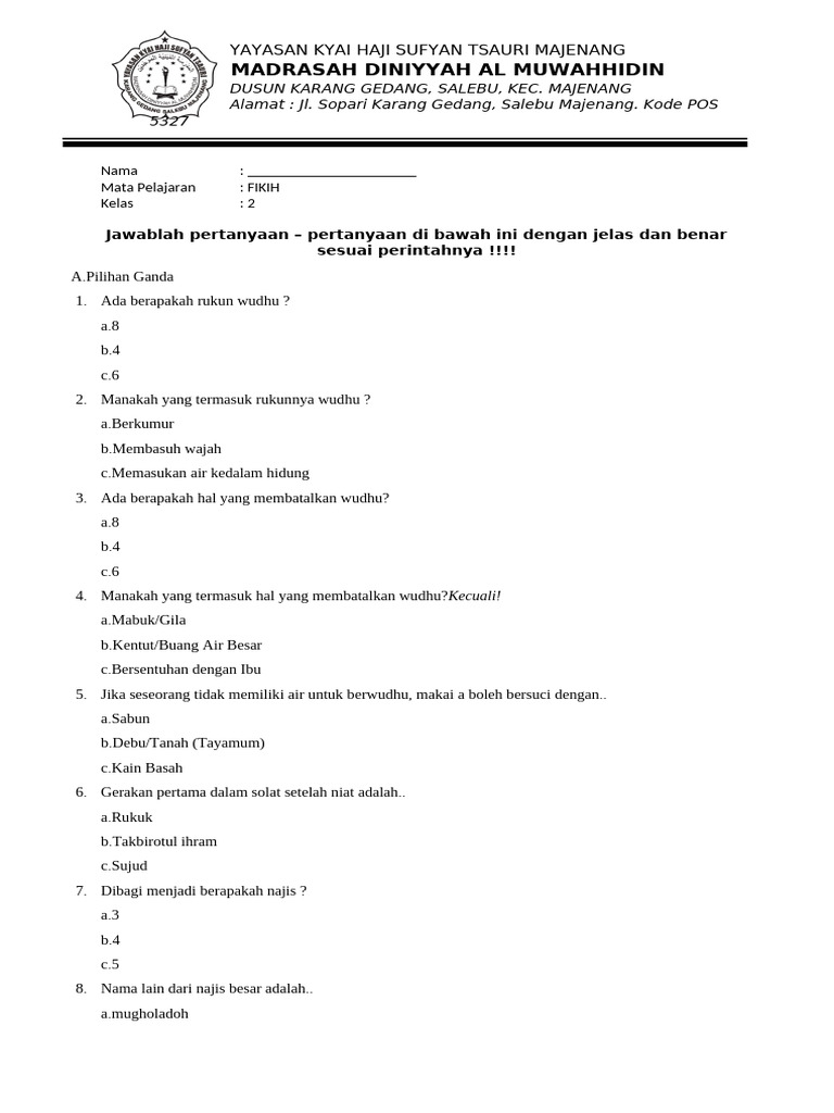 Soal Fikih Kelas 2 Wudhu dan Najis PDF