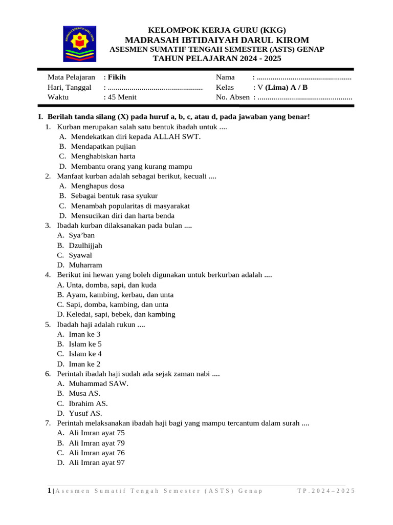 Soal Fikih Kurban dan Haji Kelas V PDF
