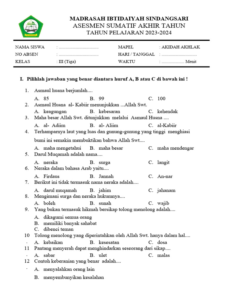 Menumbuhkan Generasi Berakhlak Mulia Panduan Soal Aqidah Akhlak Kelas