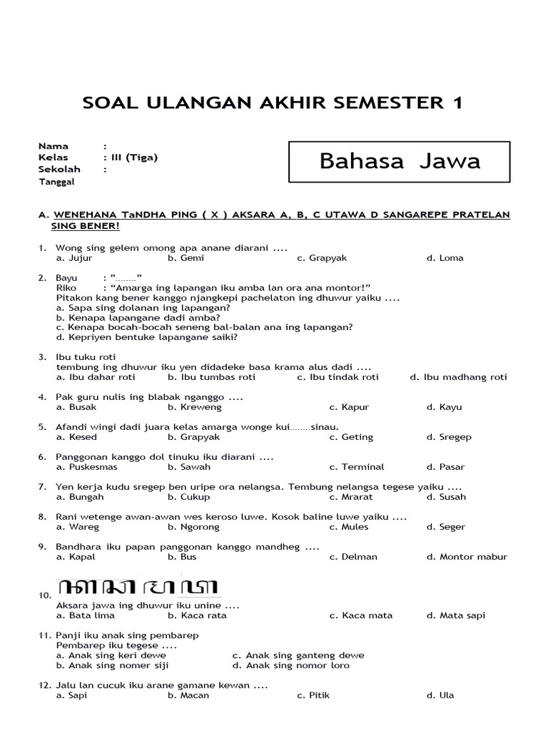Ayo Nguri-nguri Basa Jawa Kumpulan Contoh Soal Bahasa Jawa Kelas 3 SD Ayo Nguri-nguri Basa Jawa Kumpulan Contoh Soal Bahasa Jawa Kelas 3 SD
