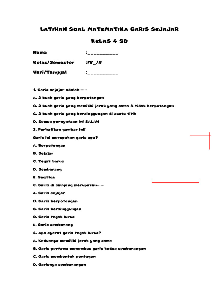 latihan soal matematika garis kelas 4 sd