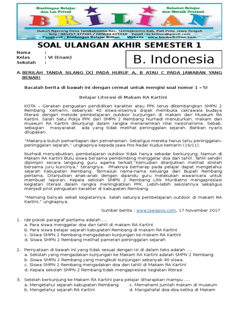 Rahasia Lulus Nilai Sempurna dengan Soal Bahasa Indonesia Semester 1 Kelas 6 SD Isian