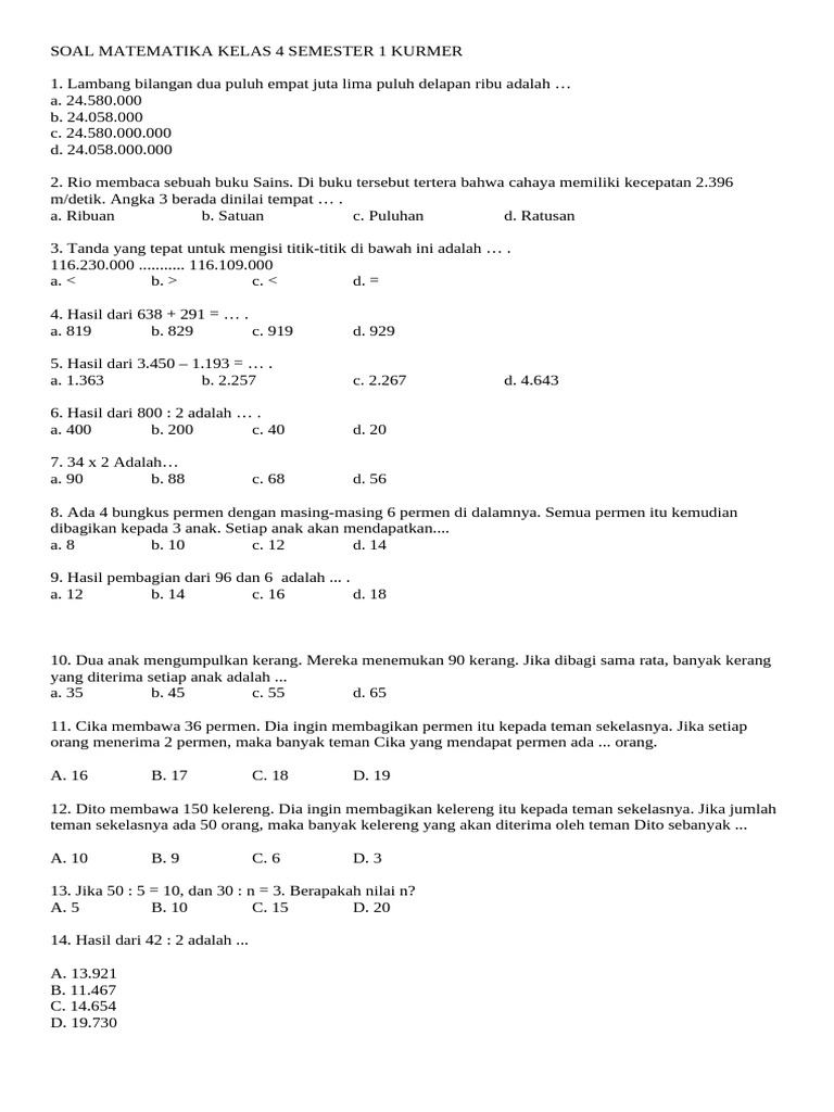 Rahasia Skor Tinggi: Latihan Soal Matematika Kelas 4 K13 Semester 1 Terbukti Ampuh Rahasia Skor Tinggi: Latihan Soal Matematika Kelas 4 K13 Semester 1 Terbukti Ampuh
