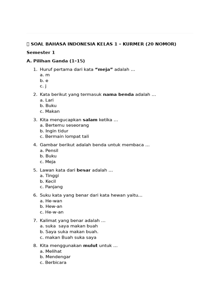Wajib Tahu! Inilah Kumpulan Contoh Soal Kelas 1 Semester 1 Kurikulum 2013 Revisi Terbaru