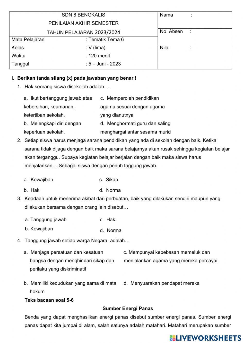 Wajib Tahu! Kumpulan latihan soal tema 6 kelas 5 subtema 2 untuk persiapan ujian